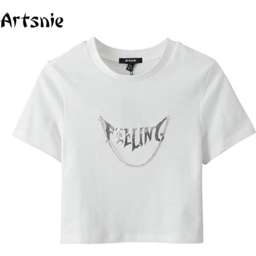 Artsnie Streetwear Letter Print T Shirt Women Summer O Neck Short Sleeve Slim Crop Tops Femme White Casual Knitted T-shirts Tee