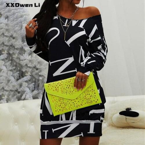 Women Letters Print Long Sleeve Mini Dress O Neck Casual Loose Party Dresses Ladies 2021 black Pullover dress Women Clothing