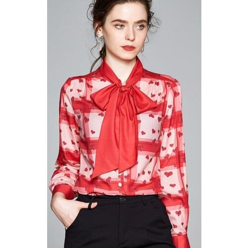 Womens spring autumn Long sleeve heart print shirt female bow collar casual basic OL Shirt plus size chic Blouse TB781