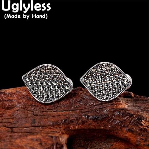 Uglyless Mysterious Marcasite Earrings for Women Square Studs Earrings Vintage Thai Silver 925 Silver Brincos Bijoux Rhombus