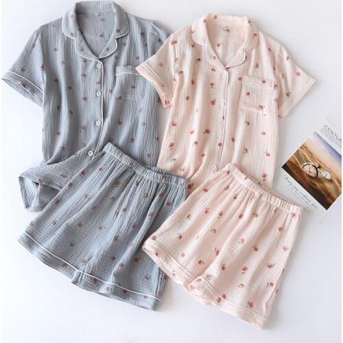 2021 Summer Ladies Short-sleeved Shorts Pajamas Set 100% Cotton Crepe Cloth Thin Home Service Two-piece Spring Loose Sleepwear