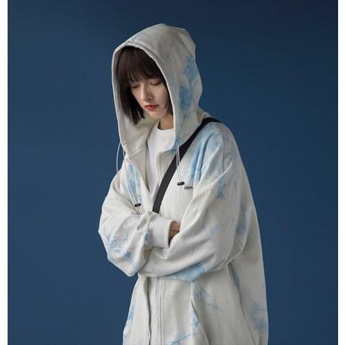 Plus Size L-4XL Sweatshirt For Women Tie-dye Printed Zipper Hoodies Long Sleeve Pullovers Oversize Outerwear Loose Female Hooded