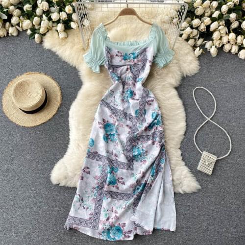 High Street Style 2021 Summer Elegant Womens Short Sleeves Retro Floral Print Split Dress Ladies Female Dresses