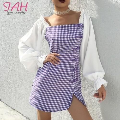 IAMHOTTY Patchwork Chinese Style Women Dresses Slash Neck Backless Plaid Casual Dresses Puff Sleeve Side-Split Vestidos Mujers