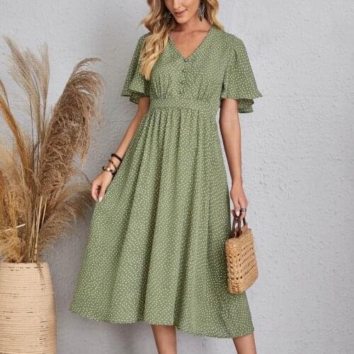 Women Dress Summer 2021 Sexy V-Neck Print Color Short Sleeve Chiffon High Waist Buttons Female Vestido Casual Long Dresses C2927