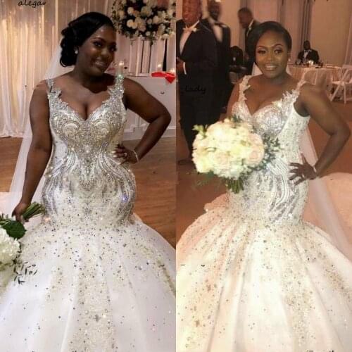 Mermaid Plus Size Wedding Dresses 2022 Luxury Beaded Crystal V-neck African Nigerian Chapel Train Trumpet Wedding Gown