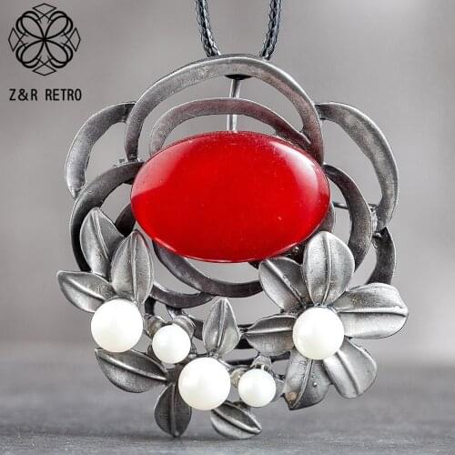 Jewelry Red Ressin Beads Flower Pendants Long Necklace for Women Vintage Plant Suspension Rope Chains Choker Wholesale Jewellery