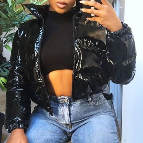 Faux PU Leather Y2K Bubble Puffer Winter Warm Jacket Women Coats Long Sleeve Outerwear Zipper Casual Slim Parkas 2021