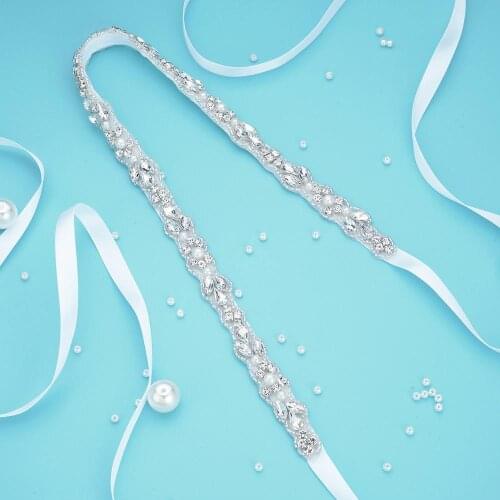 1pc) Silver satin ribbon rhinestone pearl applique belt for wedding dress accessories WDD1057