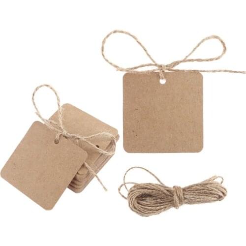 100pcs Blank Square Kraft Paper Gift Hang Tags Wedding Label Price Card Craft with 10m Natural Jute Twine