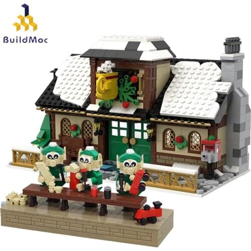 BuildMOC Creator Christmas Elf Winter Village House Scene Holiday City Train Reindeer DIY Building Blocks Santa Claus Toys Gifts