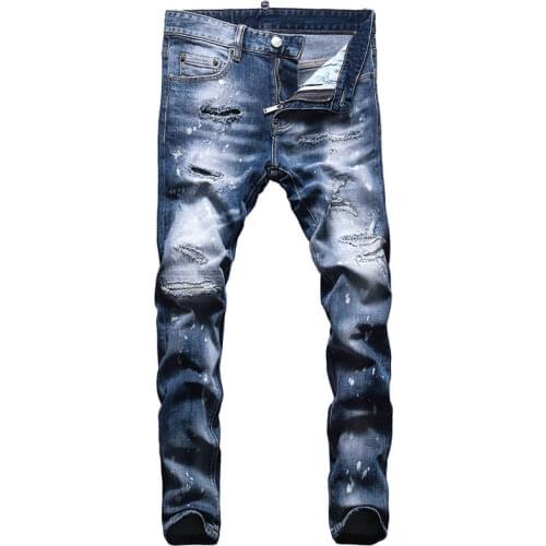European American Street Fashion Men Jeans High Quality Retro Blue Destroyed Ripped Jeans Men Slim Fit Hip Hop Denim Punk Pants