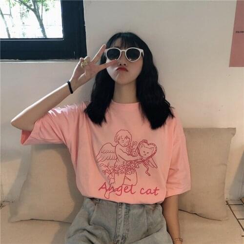 Cupid Print Short-sleeved T-shirt Womens T-shirts Tops Japanese Kawaii Ladies Ulzzang Female Korean Harajuku Clothes For Women