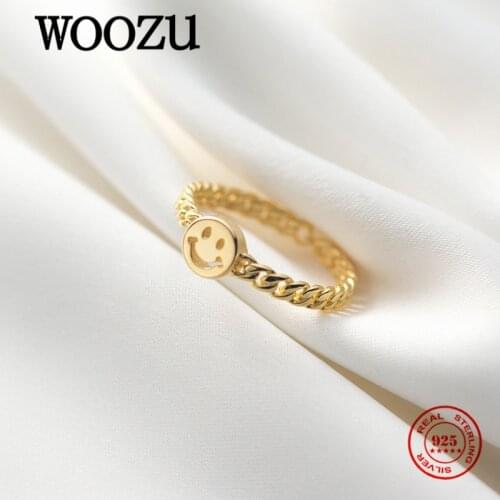 WOOZU Fashion Korean Sweet Romantic Cuban Link Chain Smile Ring for Women Genuine 925 Sterling Silver Couple Jewelry Accessories
