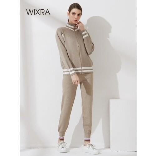 Wixra Women Knit Tracksuit Zipper Cardigan Sweater + Drawstring Striped Harem Pants Autumn Winter Female 2 Piece Set