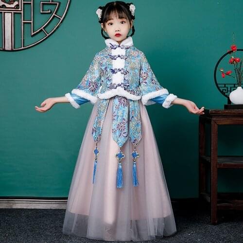Girls Winter Birthday Party Dress Flower Girl Wedding Gown Formal Kids Dresses Girls Thickening Hanfu Chinese New Years Dress