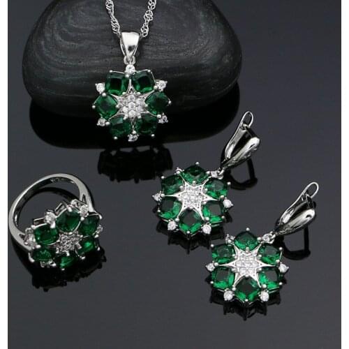 925 Sterling Silver Bridal Jewelry Sets for Girls Green Cubic Zirconia White Crystal Earrings Necklace Pendant Ring Set