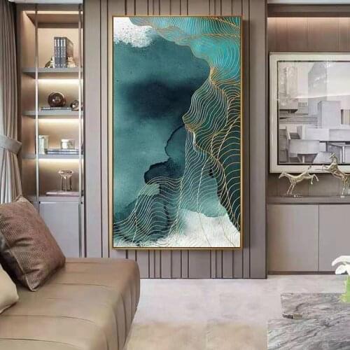 New Chinese Lnk Landscape Gold Lines Abstract Decorative Painting Living Room Oil Painting Entrance Corridor Mural