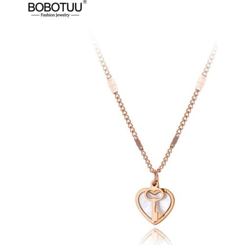 BOBOTUU Romantic Stainless Steel Lovely Heart Charm Choker Necklaces Shell Key Pendant Chain Jewelry For Women Collier BN20035