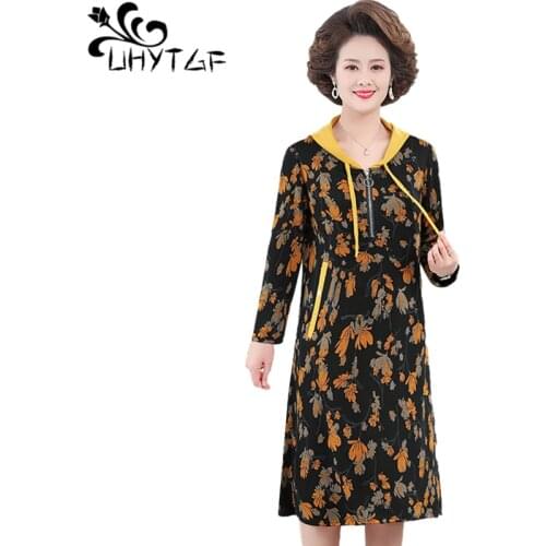 UHYTGF Mother 5XL Plus Size Dress Fashion Hooded Printing Spring Autumn Dresses Womens Long Sleeve Elegant Female Clothes 1318