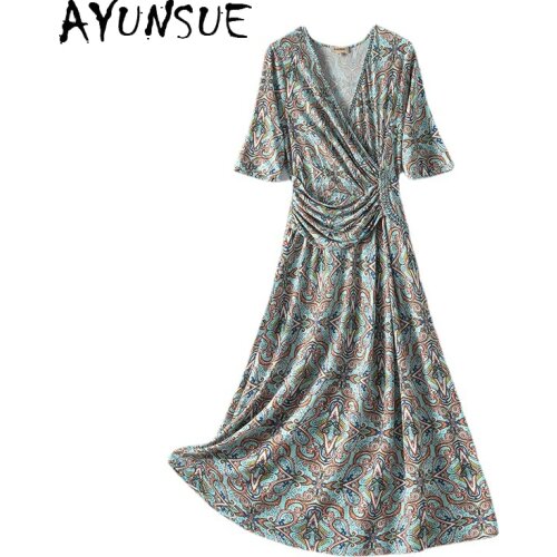 AYUNSUE Elegant Summer Dress Woman 2021 New Floral Printed Dresses Famale Slim Sexy V-neck Dress Women Vestidos Mujer Verano