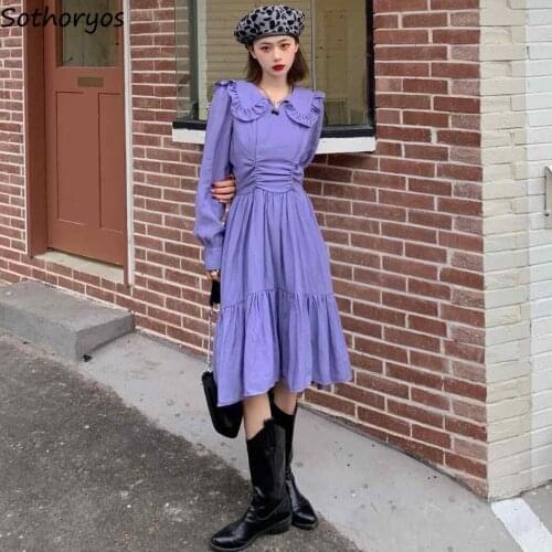 Peter-pan Collar Long Sleeve Dress Women Ruffles Slender High Waist Solid Mori Girls Harajuku Simple Autumn Streetwear Vestidos