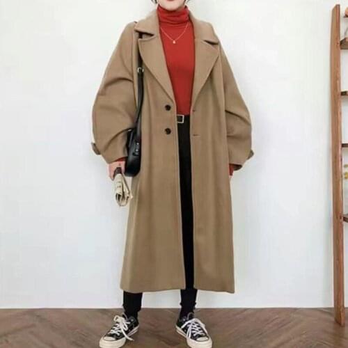 Casual Warm Woolen Coat Oversize 2021 Spring Women Coat Female Long Coat Fashion Korean Preppy Style Retro Versatile Windbreaker