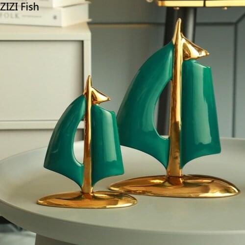 Gilded Sail Ceramic Office Desk Decor Ornaments Upscale Crafts Boat Sail Sculpture Home Decoration Accessories for Living Room