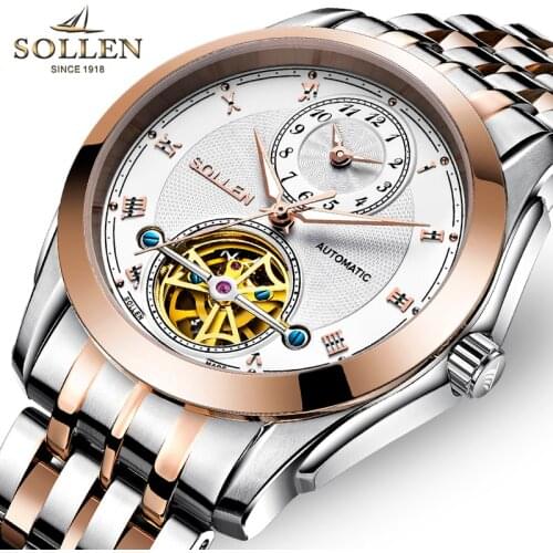 Switzerland Luxury Brand SOLLEN Automatic Men‘s Mechanical Watches Waterproof Dual Time Zone Luminous Skeleton Watch SL501