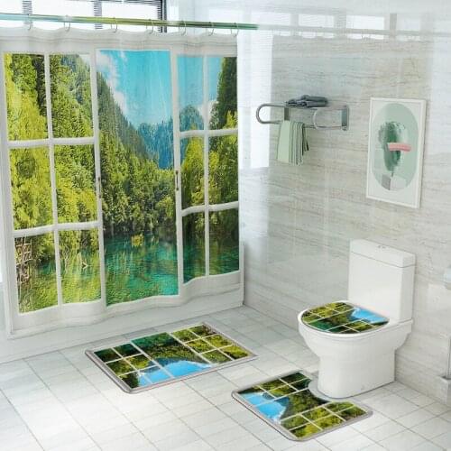 Scenery Outside The Window Pattern Fabric Shower Curtain Green Landscape Lake Non-Slip Rugs Toilet Lid Cover Bath Mat Curtains