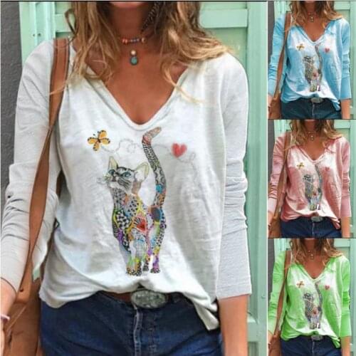 2020 Autumn Hot Sale V Neck Cat Print T-shirt Women Solid Color Long Sleeve Cartoon T-shirt