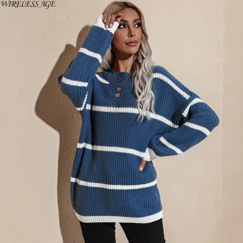 WIRELESS AGE Sweater Women Long Sleeve Round Neck Knitted Striped Loose Casual PulloverWomens Tops Spring Autumn Fashion Wild
