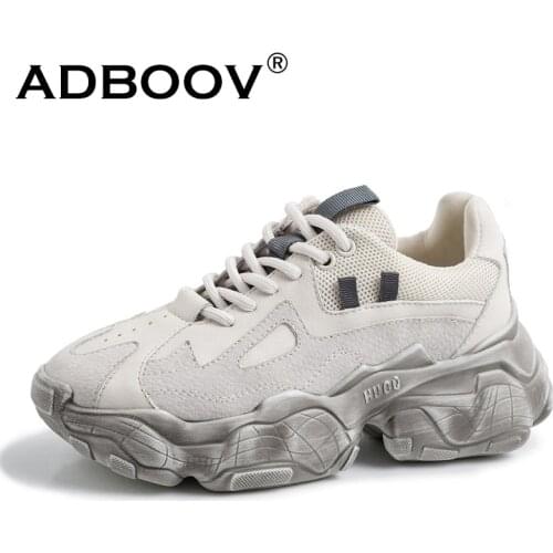 ADBOOV New Genuine Leather Chunky Sneakers Women Plus Size 35-42 Platform Shoes Woman Distressed Sneakers Ladies Basket Femme
