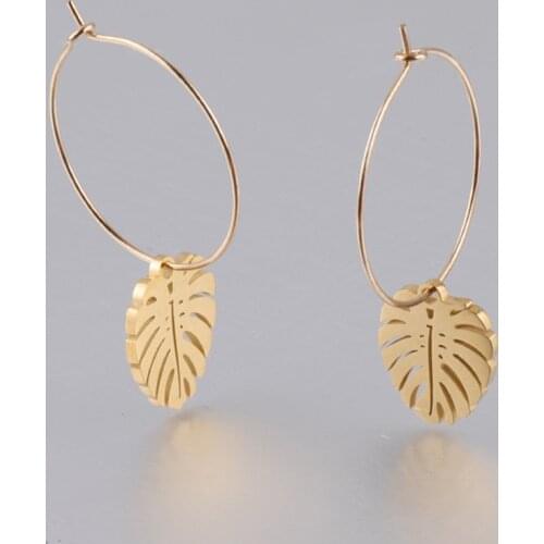 FINE4U E189 Stainless Steel Hoop Leaf Drop Earrings Fashion Leaf Dangle Earrings for Women Girls