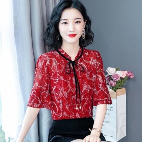 Womens Spring Summer Style Chiffon Blouses Shirts Womens Half Sleeve V-neck Printed Lace Up Casual Tops SP594