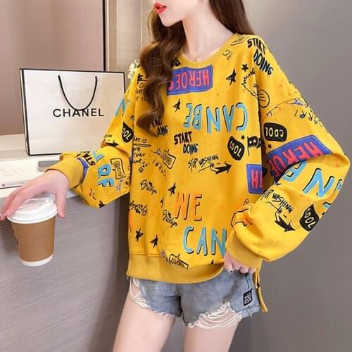 Spring Autumn Women Long Baggy Sweatshirt Fashion Letter Print Long Sleeve Crewneck Sweatshirt Female Korean Style Big Size Tops