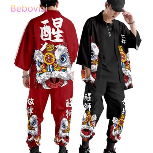 2pcs Suit Plus Size XS-6XL Loose Chinese Style Japanese Samurai Harajuku Kimono Cardigan Women Men Cosplay Yukata Tops Pants Set