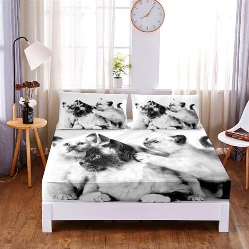 Cute Cat Digital Printed 3pc Polyester Fitted Sheet Mattress Cover Four Corners with Elastic Band Bed Sheet Pillowcases