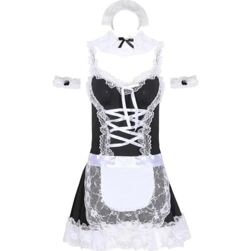 7pcs Sexy Maid Cosplay Costume Set Women Black Cute Good Quality Elastic Soft Sex Erotic Dress Perspective Underwear Babydoll
