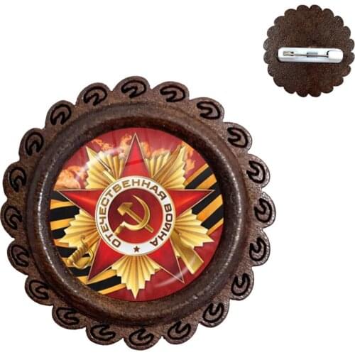 CCCP USSR Soviet Army Red Star Wood Brooches 20mm Glass Cabochon Art Round Russian Badges LOGO Collar Pins Jewelry For Friends
