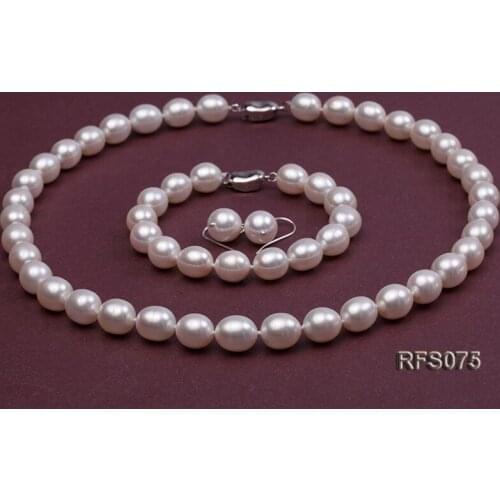Unique Pearls jewellery Stone Real Pearl Jewellery Set 9-10mm White Rice Freshwater Pearl Necklace Bracelet Earring