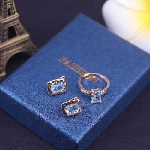 Most Pretty Rose Gold Color Square Jewelry Set For Women Hoop Earrings Ring Set Light Lake Blue Stone Jewelry For Birthday Gift