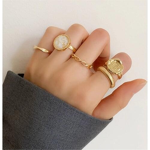 AOMU New 5pcs/SET Ring Set Personality Fashion Joint Ring Tail Ring Metal Gold Exaggerated Opening Adjustable Rings for Women