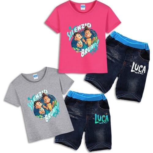 Luca Pixar Disney Kids Clothes Boy Sets Short Sleeve Children Tshirt and Denim Shorts 2021Y Cartoon Girl Baby Child Costume Suit