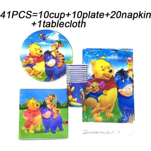 Disney Winnie The Pooh Birthday Party Disposable Tableware Set Baby Shower Party Plates Napkins Cups Tablecloth Supplies Decor