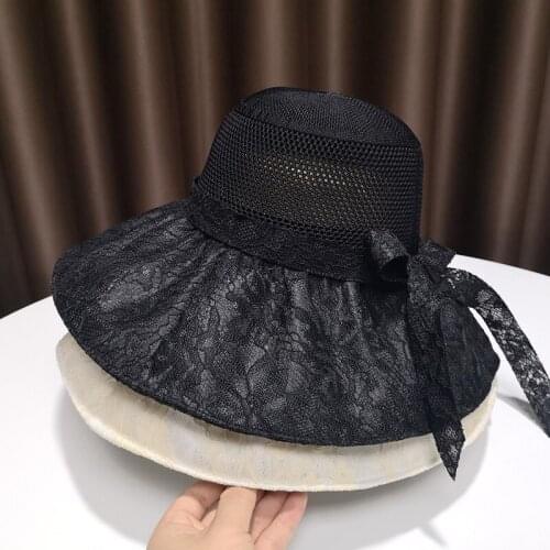 Large Brimmed Bow Sun Hats Women Thin Lace Bowknot Sweet Bucket Hat 4 Colors Spring Summer Beach Sun Protectors Caps 54-58cm