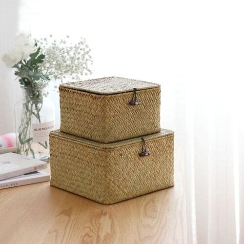 Wrack Woven Storage Basket With Lid Handmade Brown Large Capacity Portable Storage Box Indoor Household Items