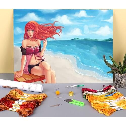 Cartoon Girl Woman Printed Water-Soluble Canvas 11CT Cross Stitch Complete Kit DIY Embroidery DMC Threads Decor