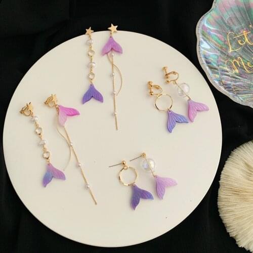 Korean Asymmetric Mermaid Tail Earrings Glass Ball Clip on Earring Without Piercing Long Pearl Tassel Purple Fish Tail Ear Clips