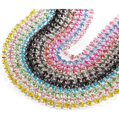 10Meters SS6 SS8 SS10 SS12 Glass Crystal Rhinestone Chain Silver Base Sew On Strass Chains DIY Garment Crafts Decorations